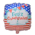 18-inch Feliz Cumpleaños foil balloon with nautical anchor and striped design - 18 Inch Spanish Blue White Birthday Square