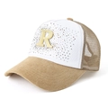 Detail of white and camel mesh baseball cap featuring a rhinestone encrusted gold letter R - Adjustable / Khaki
