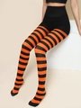 Collants rayés orange et noir pour cosplay d'Halloween et costumes de fête - Collants rayés orange et noir