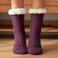 Purple cable knit sherpa lined slipper socks with plush white fleece cuffs for home - One Size / Cable Knit Purple