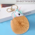 Cute unicorn keychain with large brown faux fur pom pom and colorful PU leather charm - Light Gold 4-Link Lobster Clasp / 9cm Light Camel Unicorn
