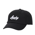 Klassische schwarze Baumwoll-Baseballkappe mit weißer Lucky-Stickerei in 45-Grad-Ansicht - Schwarz