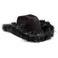 Black western cowboy hat with crown style black feathers and silver tinsel trim - Black Cowboy Hat With Silver Wire