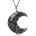 Antique copper wire wrapped tree of life moon pendant with black resin on a slim chain - Black Obsidian Pendant-Bronze Chain