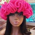 Handmade crochet ruffle beanie hat in vibrant rose red with knitted texture details - Adult 56-59cm / Peach Pink