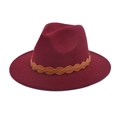 Detail view of burgundy felt fedora hat featuring a brown braided leather band decoration - M (56-58cm) / Burgundy