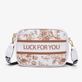 White crossbody bag with brown floral print and LUCK FOR YOU text with woven strap - Brown