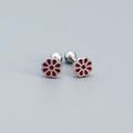 925 silver stud earrings featuring red enamel flowers with screw-back design - Platinum (Red)