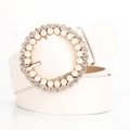Elegant white leather belt for women featuring a round buckle with pearls and rhinestones - White