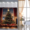 Detail of Christmas shower curtain with 3D festive tree print and silver metal grommets - Warm Christmas Tree Fireplace / 181x188cm Single Shower Curtain