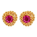 Close-up of vintage golden rose stud earrings with rose red zircon stones on white base - Gold Plated Rose Red Zirconia