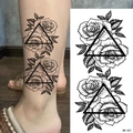 Black rose sketch tattoo sticker BK-021 with geometric triangle elements on ankle - Pattern BK-021