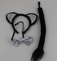 Set serre-tête panda à paillettes noires avec nœud papillon et queue pour déguisement - Serre-tête Oreilles de Chat à Paillettes Et Nœud Papillon Et Longue Queue