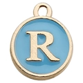 Sky blue enamel round charm with golden letter R for DIY bracelets and jewelry - Letter R / 1 Piece (12x14mm) / Lake Blue