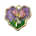 Heart-shaped gold-plated pendant with purple and green enamel tulip and pearl - Pink-Blue Gold-Sprinkled Heart Flower Pearl-24432