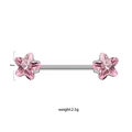 Detail view of 9mm stainless steel nipple ring with pink star-shaped crystals weighing 2.5g - Silver Pink Star Style