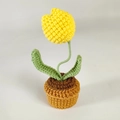 Handmade crochet yellow tulip potted plant with green leaves in a brown yarn base - Golden Yellow Tulip Potted Plant Finished