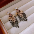 Boucles d'oreilles bohèmes à pompons avec pierres rouges et perles noires de style - 36# Tige Argent Or Noir