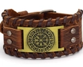 Brown leather Viking bracelet with bronze compass vegvisir and woven edges detail - Brown Leather + Antique Bronze