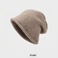 Minimalist khaki knitted beanie with ribbed texture and rolled edge for women - One Size (54-58CM) / Rolled Edge Thick Version / Khaki