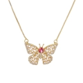 Elegant gold butterfly necklace with pearl and ruby red stone on a white background - Pearl & Red Stone Butterfly (CN001926YH)