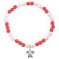 Beaded summer beach bracelet featuring red agate beads and silver sea turtle charm - Antique Silver (K-097)