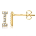 Macro detail of gold plated letter I earring featuring cubic zirconia and S925 stamp - Style I