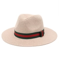 Chapeau de paille beige avec ruban rayé vert et rouge pour les vacances d'été - M (56-58cm) / Rose