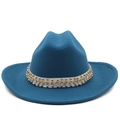 Detail of navy wool jazz hat featuring white band with silver studs and golden rhinestones - M (56-58cm) / Teal