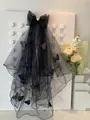 Short black bridal veil with 3D butterflies, black pearls and crystal heart detail - Black Rhinestone Bow Veil