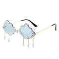 Cloud shaped rimless sunglasses with blue lenses, colorful crystals and teardrop charms - One Size / Gold Frame Blue Lenses