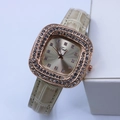Dettagli dell'orologio quadrato da donna oro rosa con lunetta in cristallo e cinturino beige - Giallo Chiaro Cassa Oro Rosa