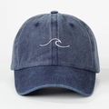 Deep blue-grey washed denim baseball cap with minimalist white wave embroidery on the front - Navy Blue