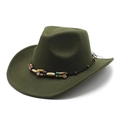 Close-up of dark green wool fedora hat featuring a colorful bohemian beaded band - M (56-58cm) / Army Green