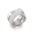 Wide double-band stainless steel ring with micro-pave white crystals in silver finish - US 6 / Silver Wide Double Ring Interlaced Style (KR25998-K)