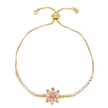 Adjustable gold chain bracelet with pink zircon flower and sliding clasp on white background - Pink