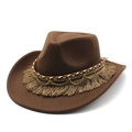 Vintage brown felt cowboy hat with tassels and gold metal chains in a 45-degree side view - M (56-58cm) / Coffee