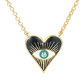 Makro-Detail des herzförmigen Evil Eye Anhängers mit schwarzer Emaille und Goldkette - Schwarz