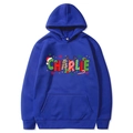 Royal blue Christmas hoodie featuring festive Charlie reindeer graphic print - Blue