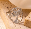 Silver titanium steel ring with Tree of Life engraving and open adjustable design - Steel Color 67
