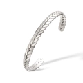 Macro detail of silver geometric open cuff bracelet with polished braided wheat pattern - Silver (32008)