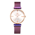 Dettaglio orologio al quarzo oro rosa con cinturino in maglia viola e indici in strass - Oro Rosa-Viola (Orologio Singolo)