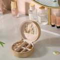 Portable gold round travel jewelry box with zipper for rings and necklaces - Champagne Gold