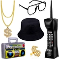 80s 90s hip hop costume set with gold dollar necklace, bucket hat, glasses and inflatable props - Type D Set (6pcs with Inflatable Props)