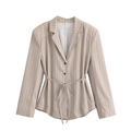 Blazer beige a righe con cintura in vita e design monopetto da donna - XS / Top Blazer a Righe Albicocca