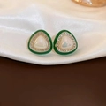 Elegant emerald green triangular stud earrings with opal stone and diamond accents - 78# Silver Pin Green Triangle