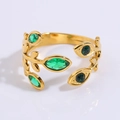 Golden open ring featuring a leaf design and an oval green gemstone in titanium steel - Green Garland Style (JZ22-1)