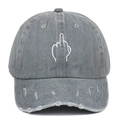Distressed grey baseball cap with white middle finger embroidery and vintage ripped details - Adjustable / Distressed Grey