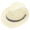 Men's cream hollow weave Fedora straw hat with thin black leather belt and buckle decoration - One Size / Cream