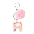 Pink plush ball keychain with resin letter R pendant filled with colorful heart sequins - Letter R